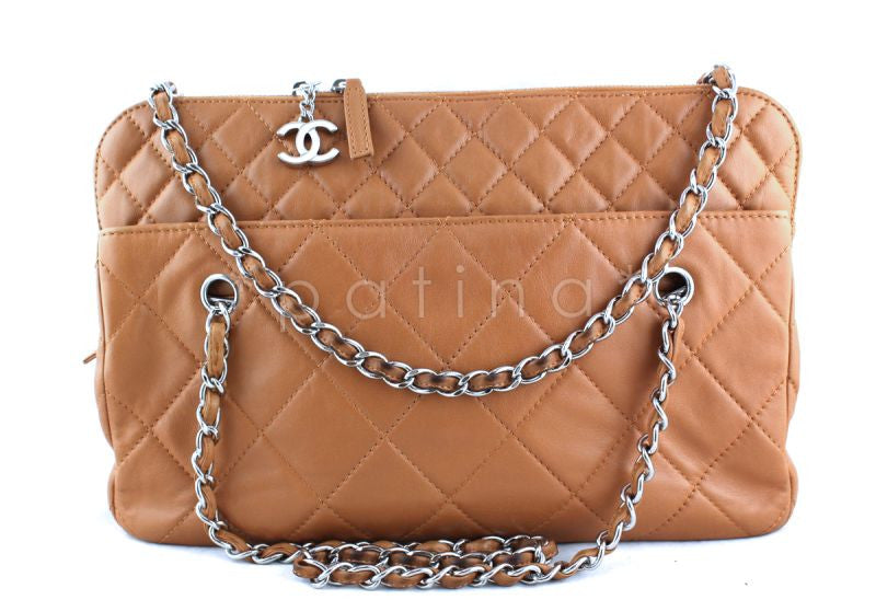 Chanel Camel Beige Classic Quilted Camera Business Tote CC Charm Bag - Boutique Patina