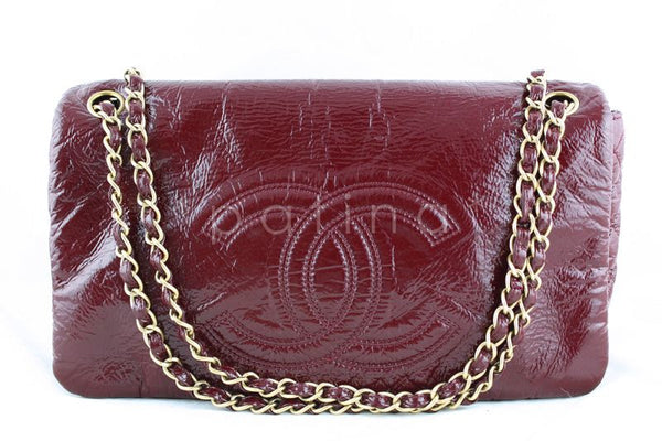 Chanel Jumbo Burgundy Red Patent Rock & Chain Classic Logo Flap Bag - Boutique Patina