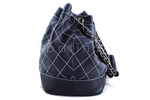 Chanel Navy Contrast Stitch Quilted Drawstring Tote Bag - Boutique Patina
