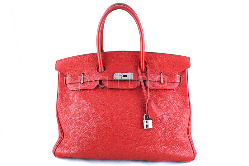 Hermes 35cm Vermillion (Red) Clemence Birkin Tote Bag - Boutique Patina