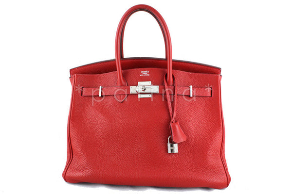 Hermes 35cm Vermillion (Red) Clemence Birkin Tote Bag - Boutique Patina