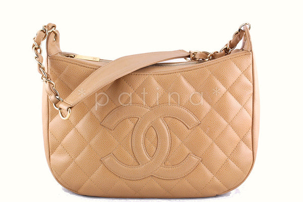 Chanel Beige Caviar Quilted Hobo Shopper Bag - Boutique Patina