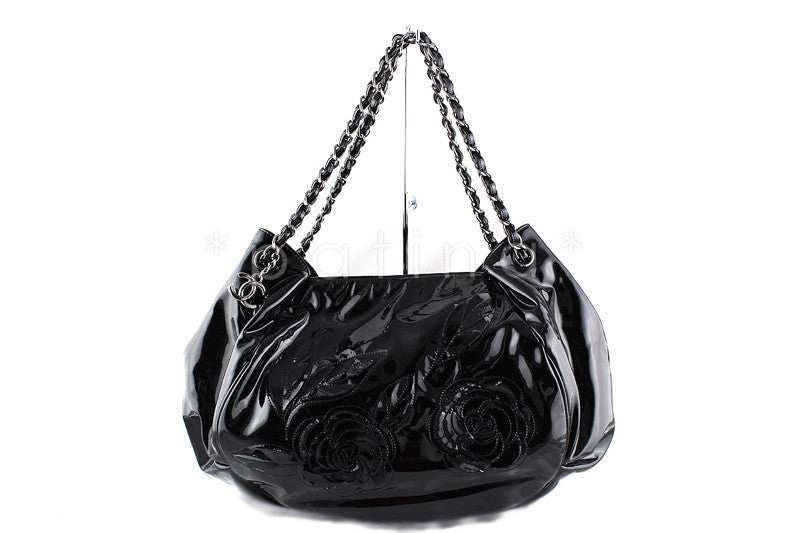 Authentic CHANEL CC Logo No. 5 Black Patent Leather Womens Tote Bag