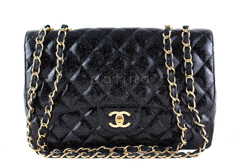 Pre-owned Chanel Jumbo Classic Single Flap Bag White Glitter Patent Leather  Gold Hardware