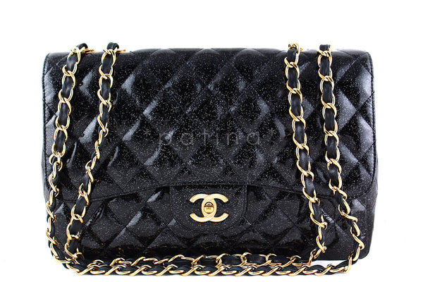 Chanel Womens Glitter Patent Leather Quilted Medium Double Flap Handbag  White