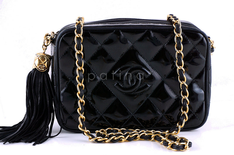 Chanel Vintage Black Patent Classic Quilted Camera Case Bag - Boutique Patina