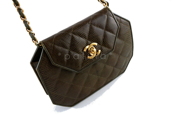 Chanel Lizard Angled Mini Quilted Classic Flap Olive Brown Bag - Boutique Patina