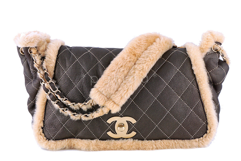 CHANEL VINTAGE BROWN QUILTED SUEDE LEATHER AND SHEARLING XL FLAP