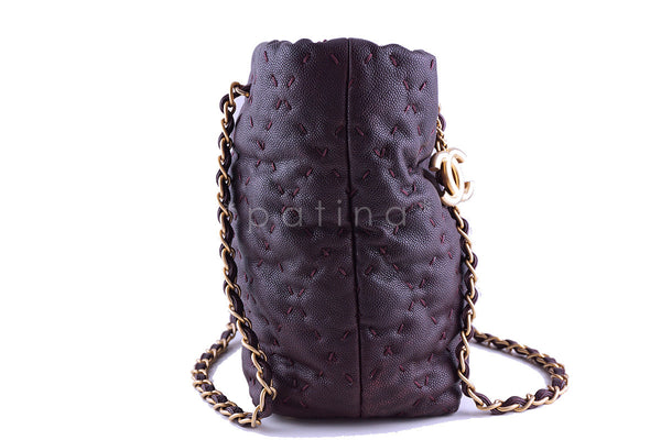 Chanel Plum Violet Quilted Caviar Brushed Gold Charm Tote Bag - Boutique Patina