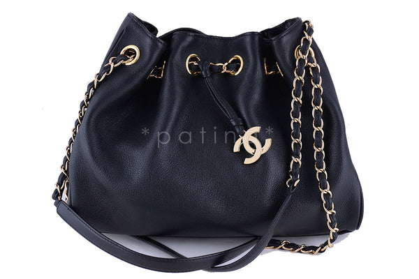 Chanel Black Soft Textured CC Logo Drawstring Tote Shopper Bag - Boutique Patina