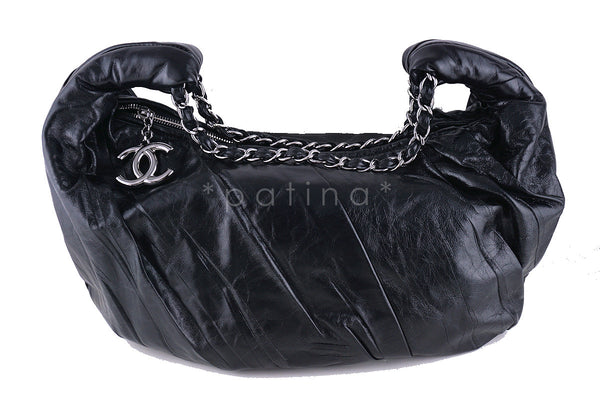 Chanel Black Ruched Luxury Hobo Tote Bag CC Charm - Boutique Patina