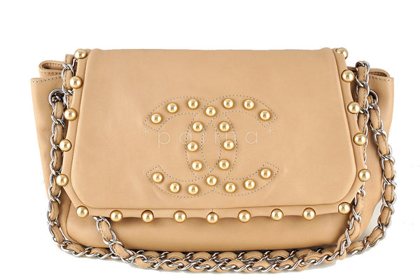 Chanel Beige Rare Pearl Obsession Jumbo Classic Accordion Flap Bag - Boutique Patina