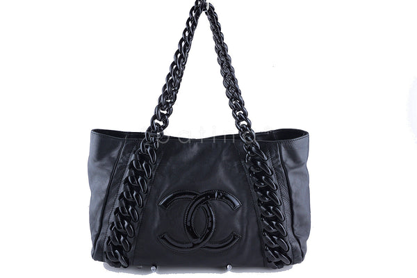 Black Quilted Patent Embellished Everyday Tote Bag 