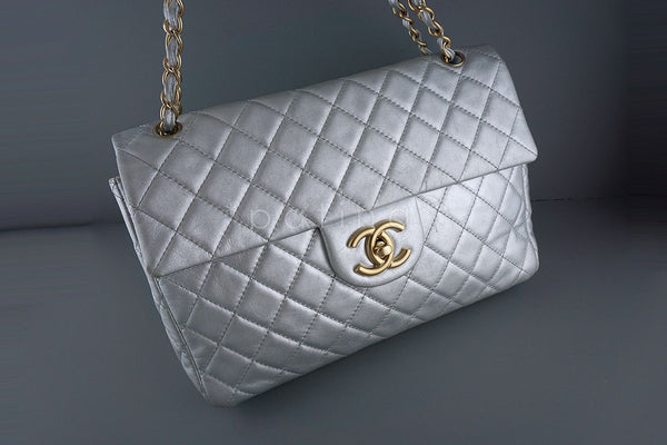 Chanel Silver 13in. Maxi Quilted Classic 2.55 Jumbo XL Flap Bag - Boutique Patina