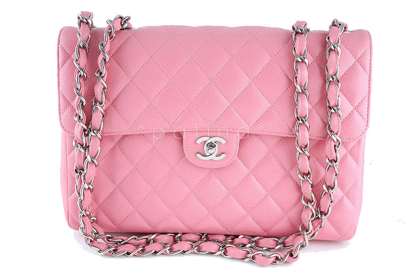 Chanel Classic Double Flap Quilted Caviar Silver-tone Jumbo Dark Red - DE