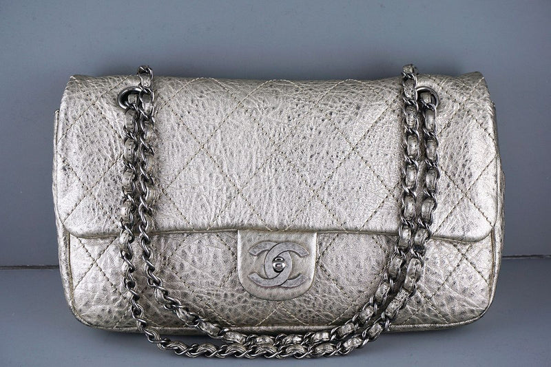 Chanel Pewter Gold Le Marais Pebbled Quilted Classic Jumbo Flap Bag - Boutique Patina