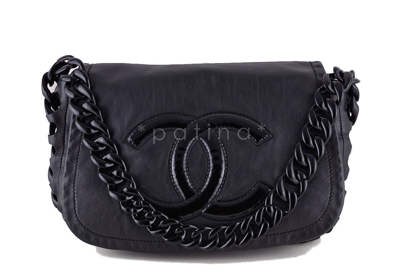 CHANEL Black Lambskin Leather Resin Modern Chain Medium Flap Bag