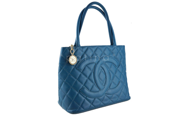 Chanel Turquoise Blue Caviar Classic Quilted Medallion Shopper Tote Bag - Boutique Patina