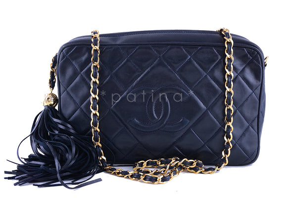 Chanel Navy Blue Classic Quilted Camera Case, Lambskin Bag - Boutique Patina