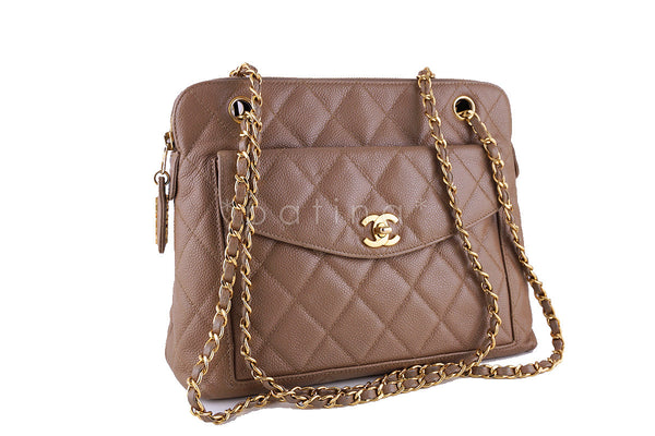 $2500 Chanel Classic Dark Beige Tan Caviar Leather Petite Shopping Tote PST  SHW - Lust4Labels