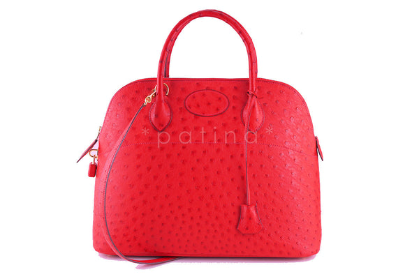Hermes Ostrich Rouge Garrance 35/37cm Red Bolide Shoulder Tote Bag - Boutique Patina