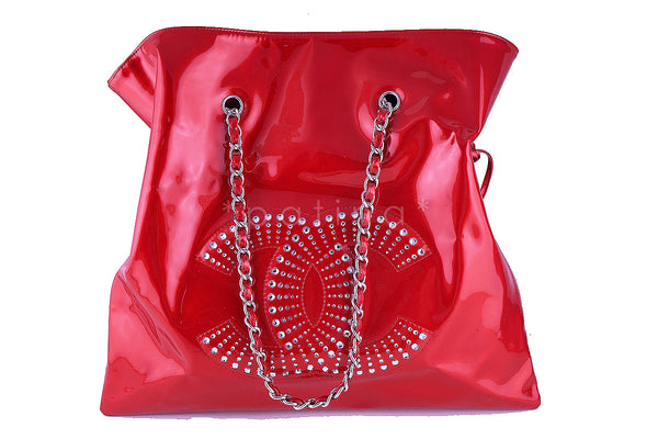 Rare Chanel XL Red Patent Leather Strass Crystals Bon Bons Tote Bag - Boutique Patina
