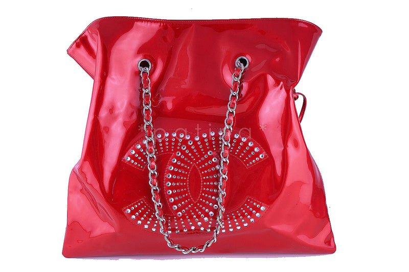 Rare Chanel XL Red Patent Leather Strass Crystals Bon Bons Tote