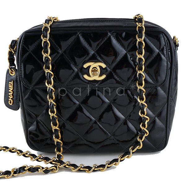 Chanel Patent Black Classic Quilted Small Flap Camera Case Bag