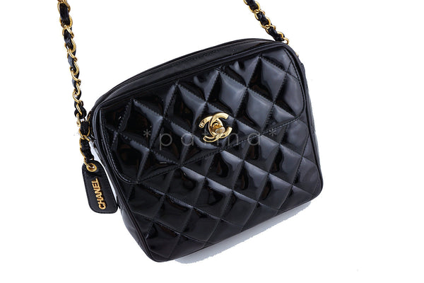 Chanel Patent Black Classic Quilted Small Flap Camera Case Bag - Boutique Patina