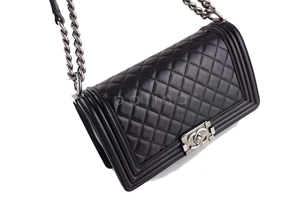 Chanel Black Le Boy Classic Flap Ruthenium RHW, Medium Lambskin Bag - Boutique Patina