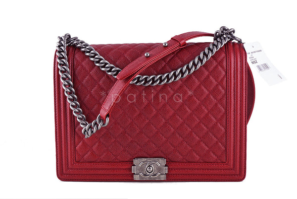 NWT Chanel Red Caviar Large Boy Classic Flap Ruthenium RHW Jumbo Bag - Boutique Patina