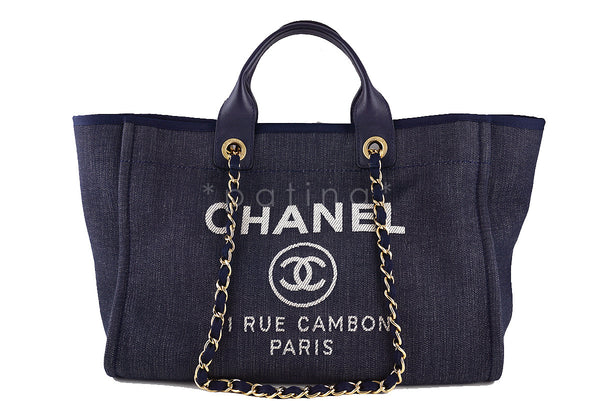Chanel Dark Blue Deauville GM Denim Two-Way Beach Tote Bag - Boutique Patina