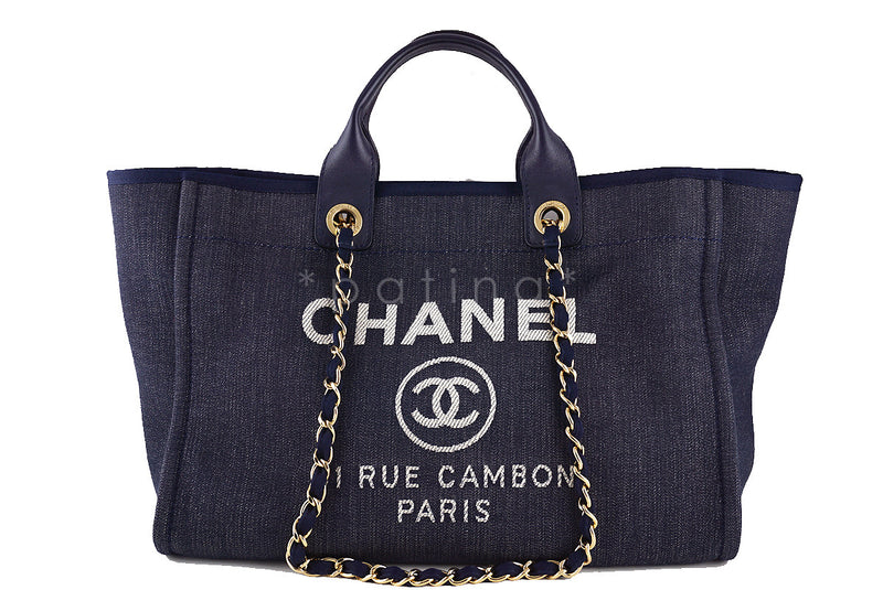 Chanel Dark Blue Deauville GM Denim Two-Way Beach Tote Bag