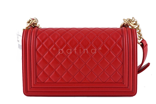 NWT Chanel Red Le Boy Classic Flap Gold GHW, Medium Lambskin Bag - Boutique Patina