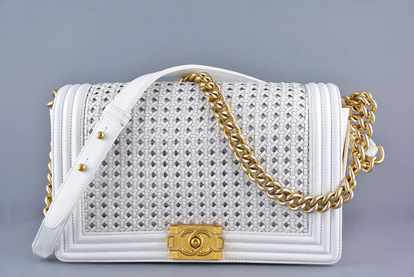 Chanel White Le Boy Gold-trimmed Rattan Flap Bag - Boutique Patina