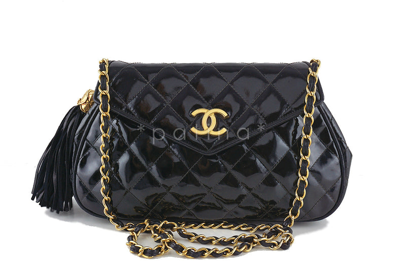 Chanel Black Vintage Patent Angled Classic Flap with Tassel Bag - Boutique Patina