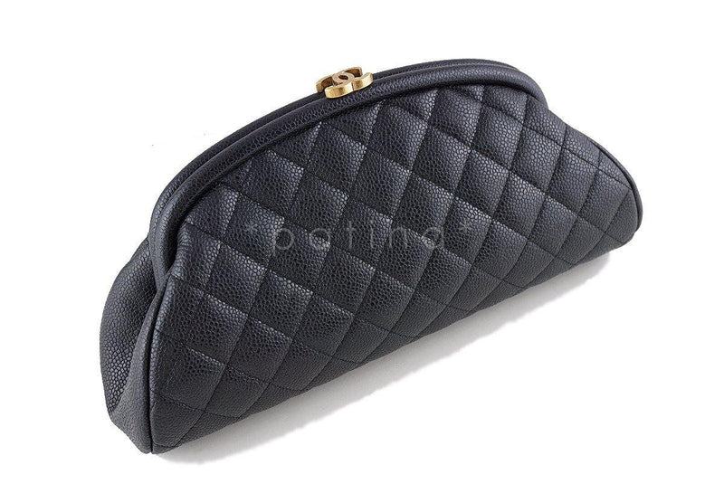 15C Chanel Black Caviar Quilted Timeless Kisslock Clutch Bag