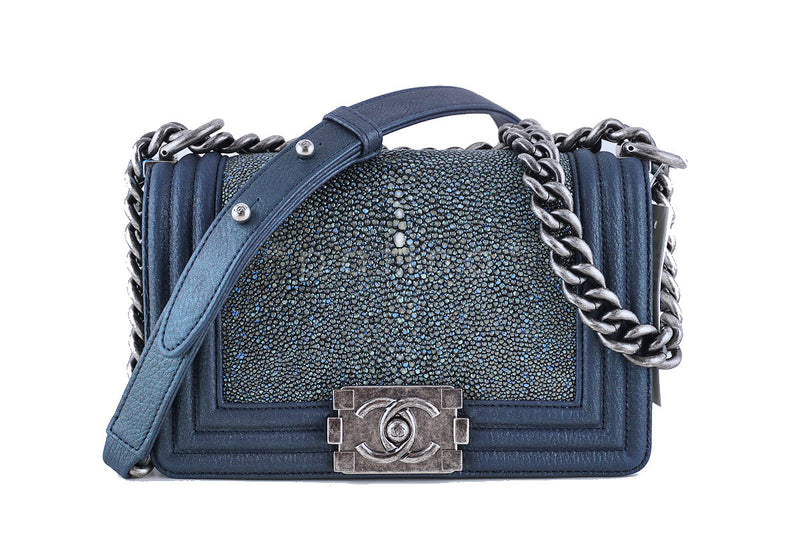 NWT 15P Rare Chanel Pearly Blue Stingray Le Boy Classic Flap Bag