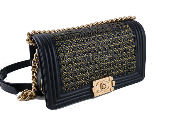 Chanel Black Medium Le Boy Gold-trimmed Rattan Flap Bag - Boutique Patina