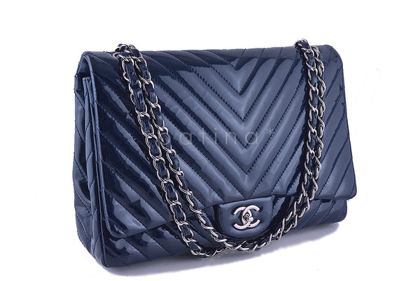Chanel Chevron Classic Maxi Flap Bag, Navy Blue Patent 2.55 - Boutique Patina