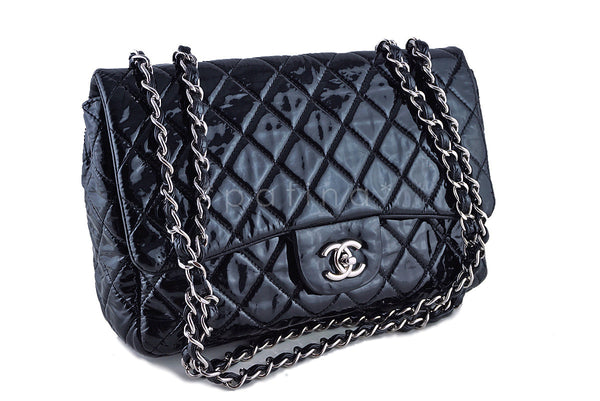 Chanel Jumbo Classic Flap, Black Soft Patent 2.55 Bag - Boutique Patina