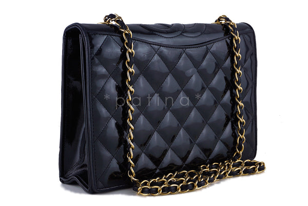 Chanel Black Patent Quilted Vintage Timeless Logo Classic Flap Bag - Boutique Patina