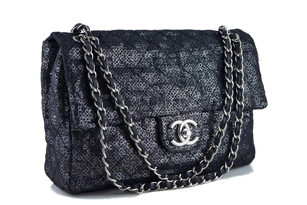 Chanel Black 13in. Maxi Quilted Sequin Classic 2.55 Jumbo XL Flap Bag - Boutique Patina