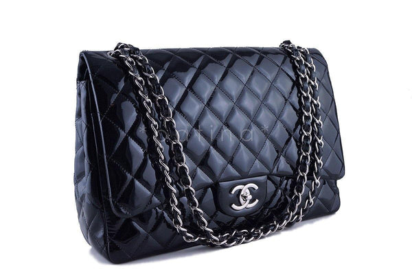 CHANEL Black Patent Leather Wrap Chain Gold Maxi Evening Shoulder Flap Bag  For Sale at 1stDibs