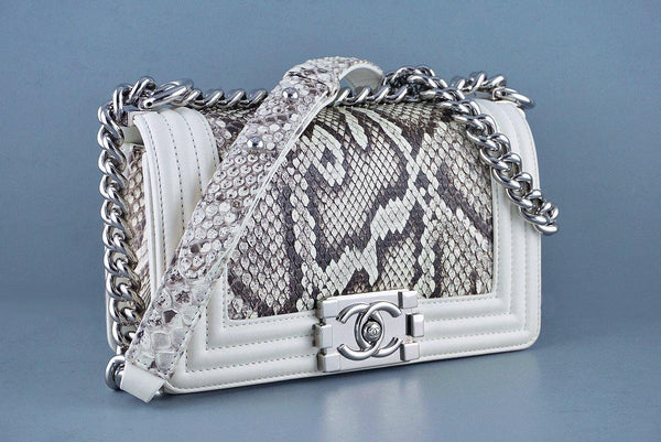Chanel White-Cream Python Le Boy Classic Flap Bag - Boutique Patina