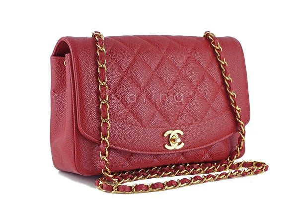 Chanel 10in. Red Caviar Vintage Quilted Classic "Diana" Flap Bag - Boutique Patina