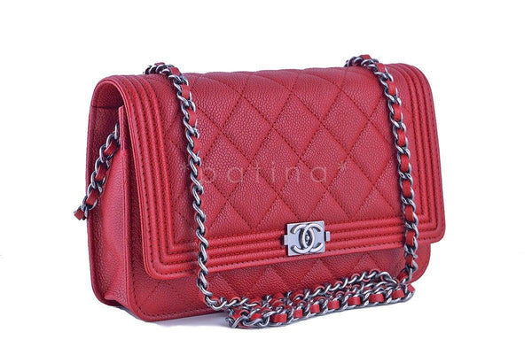 NWT 16A Chanel Red Caviar Boy Classic Quilted WOC Wallet on Chain Flap Bag - Boutique Patina