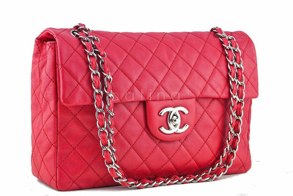 Chanel Caviar Fuchsia Pink-Red 13in. Maxi Quilted Classic 2.55 Jumbo Flap Bag - Boutique Patina