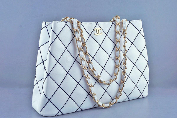 Chanel White Classic Contrast Navy Stitch Quilted Shopper Tote Bag - Boutique Patina