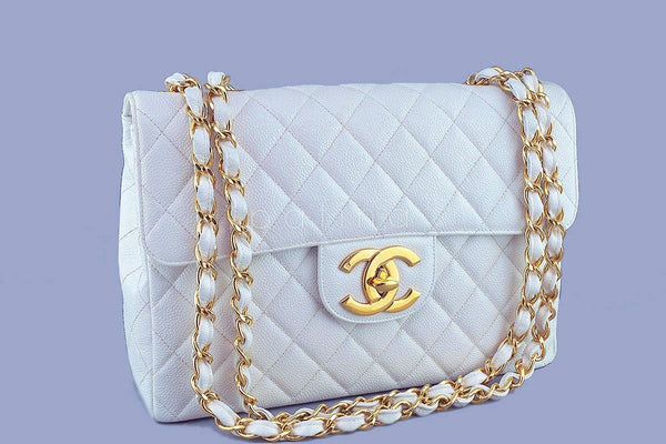 Chanel White Caviar Vintage Jumbo Classic 2.55 Flap Bag - Boutique Patina